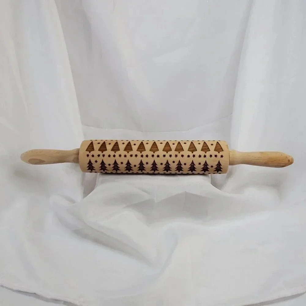 Embossed Rolling Pins for Baking Christmas Tree Engraved Wooden Rolling